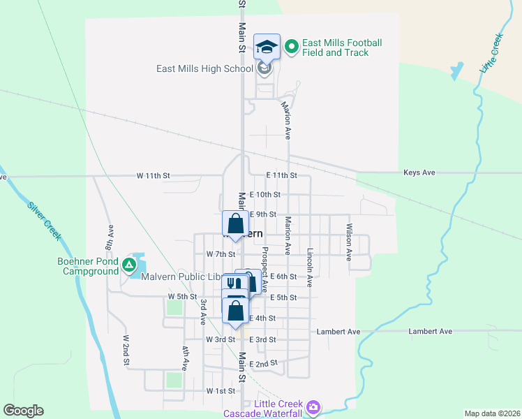 map of restaurants, bars, coffee shops, grocery stores, and more near in Malvern