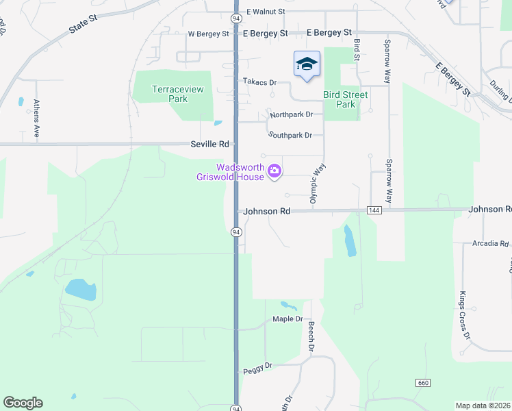 map of restaurants, bars, coffee shops, grocery stores, and more near 136 Johnson Road in Wadsworth