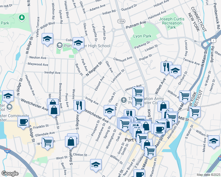 map of restaurants, bars, coffee shops, grocery stores, and more near 54 Clark Place in Port Chester