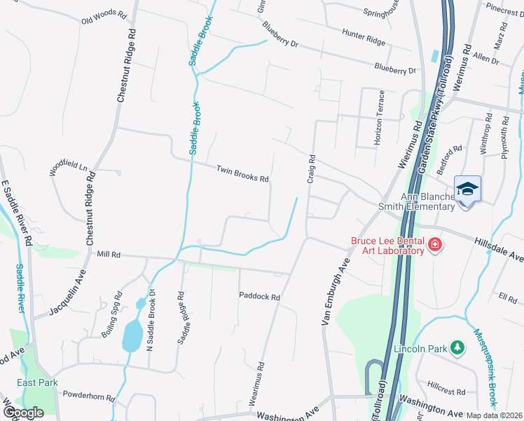 map of restaurants, bars, coffee shops, grocery stores, and more near 58 Twin Brooks Road in Saddle River