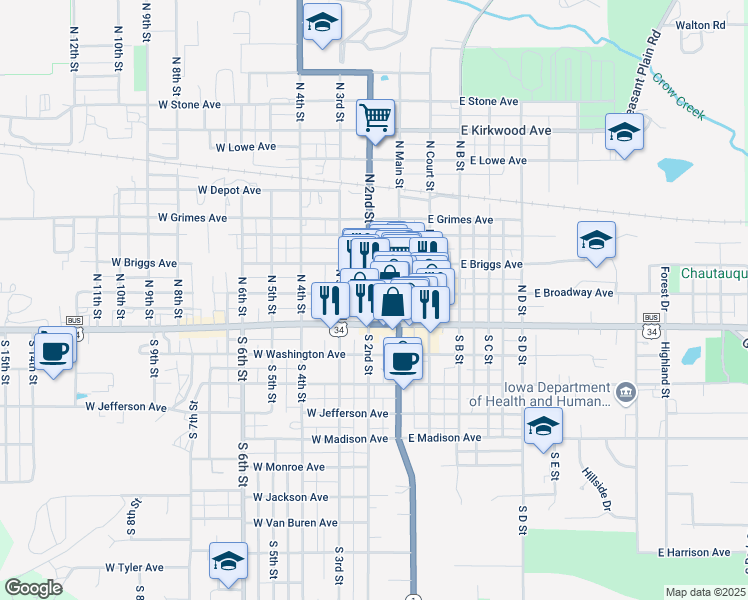 map of restaurants, bars, coffee shops, grocery stores, and more near 1-47 North 2nd Street in Fairfield