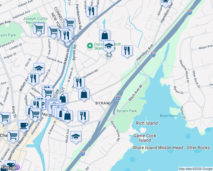 map of restaurants, bars, coffee shops, grocery stores, and more near 28 Hartford Avenue in Greenwich