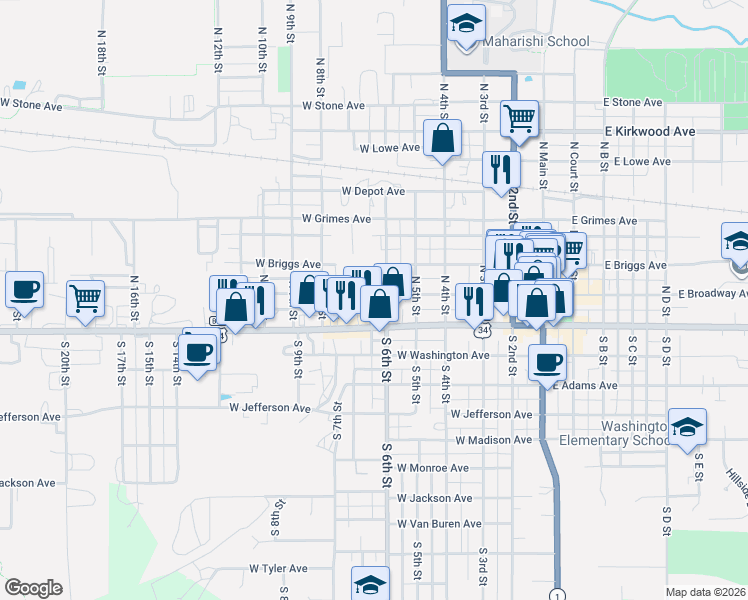 map of restaurants, bars, coffee shops, grocery stores, and more near 603 West Burlington Avenue in Fairfield