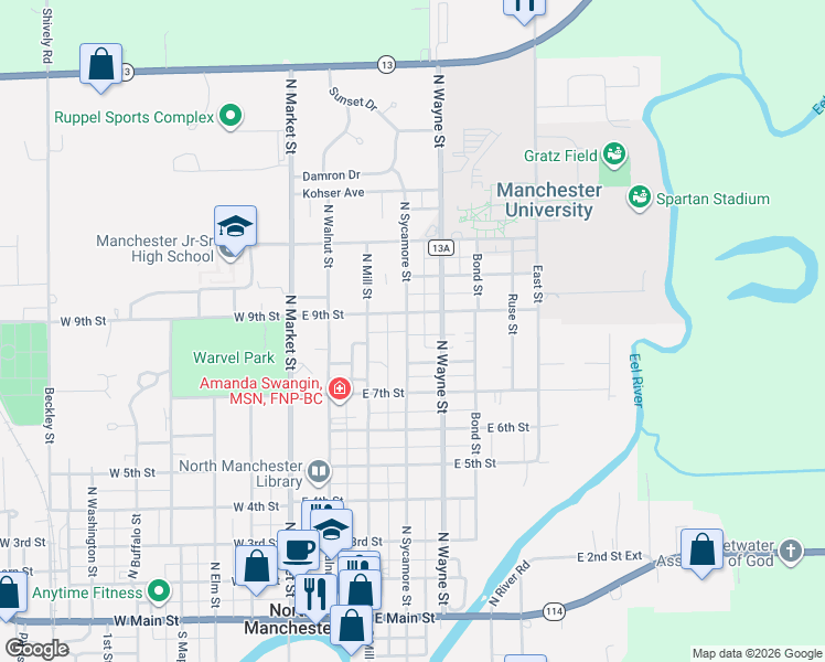 map of restaurants, bars, coffee shops, grocery stores, and more near 715 North Sycamore Street in North Manchester