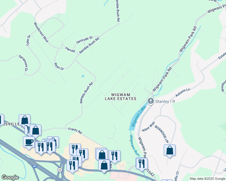 map of restaurants, bars, coffee shops, grocery stores, and more near 2512 Shagbark Lane in Stroudsburg