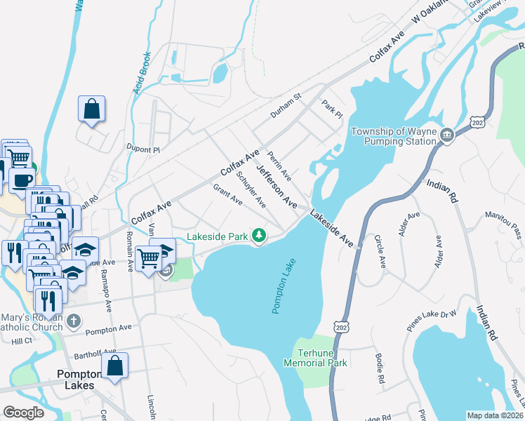 map of restaurants, bars, coffee shops, grocery stores, and more near 30 Schuyler Avenue in Pompton Lakes