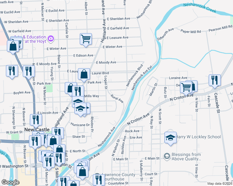 map of restaurants, bars, coffee shops, grocery stores, and more near 420 Boyles Avenue in New Castle