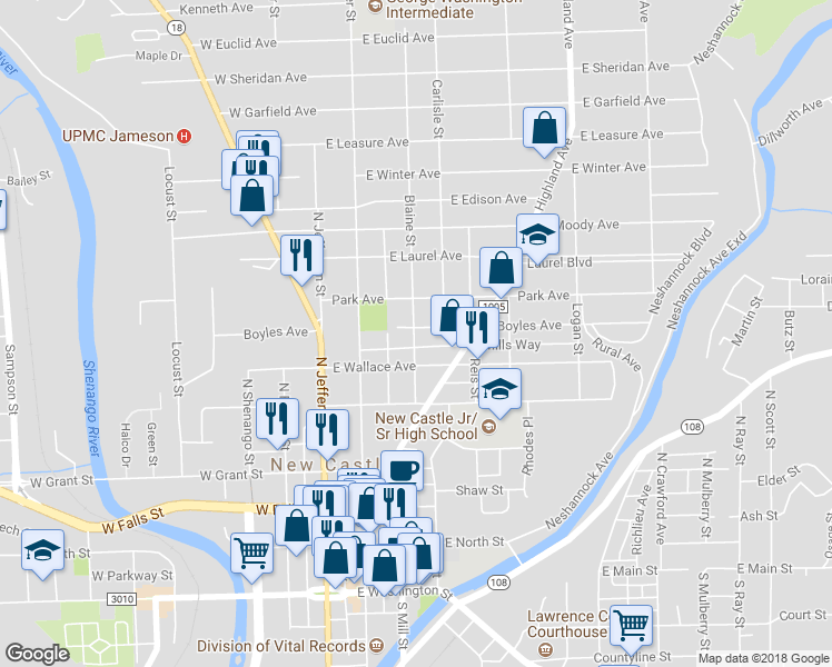 map of restaurants, bars, coffee shops, grocery stores, and more near 130 Boyles Avenue in New Castle