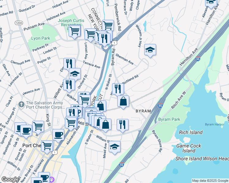 map of restaurants, bars, coffee shops, grocery stores, and more near 31 Gold Street in Greenwich