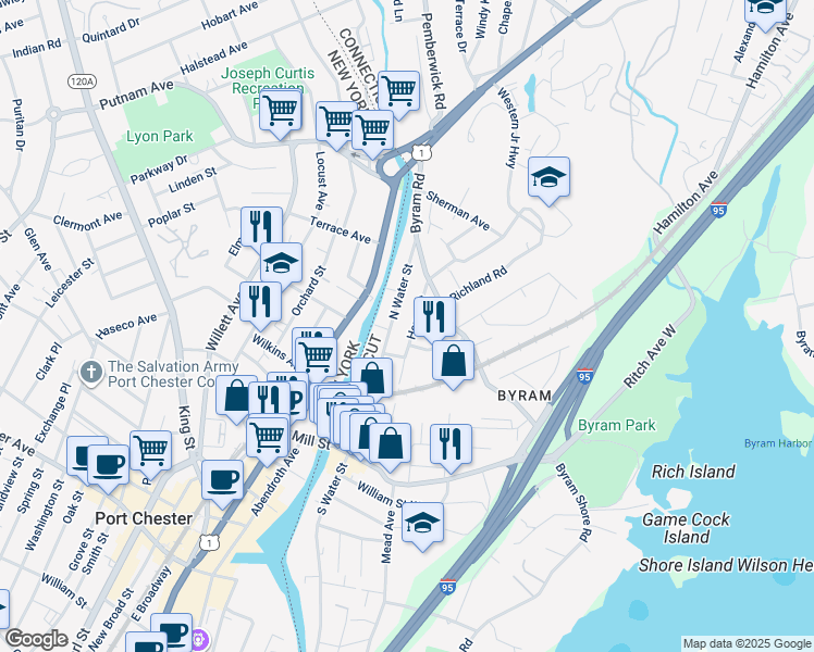 map of restaurants, bars, coffee shops, grocery stores, and more near 105 North Water Street in Greenwich
