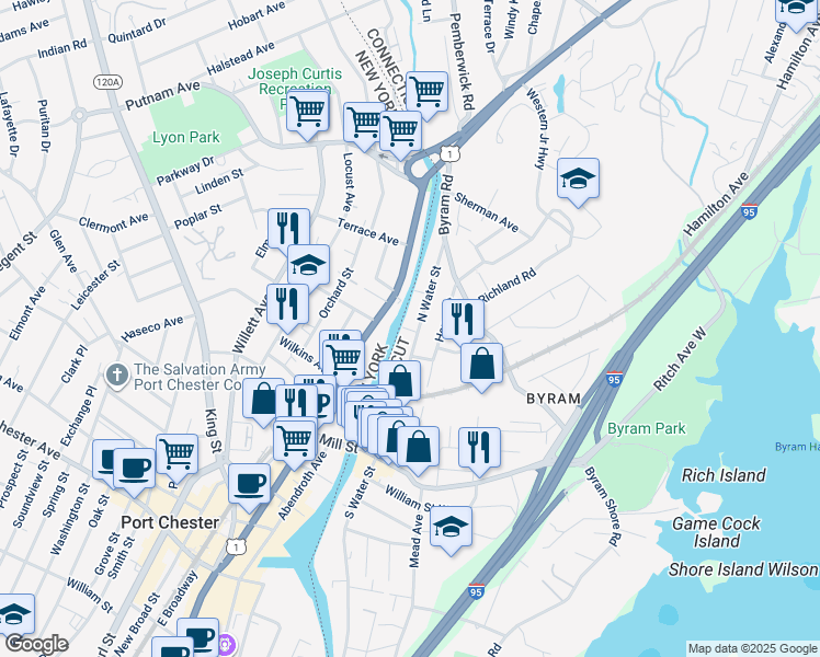 map of restaurants, bars, coffee shops, grocery stores, and more near 105 North Water Street in Greenwich