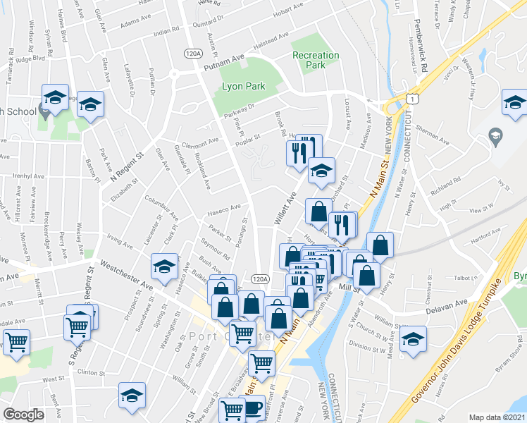 map of restaurants, bars, coffee shops, grocery stores, and more near 304 Willett Avenue in Port Chester
