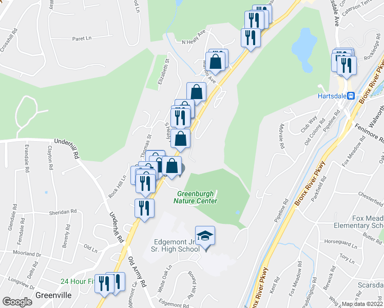 map of restaurants, bars, coffee shops, grocery stores, and more near 372 Central Park Avenue in Scarsdale