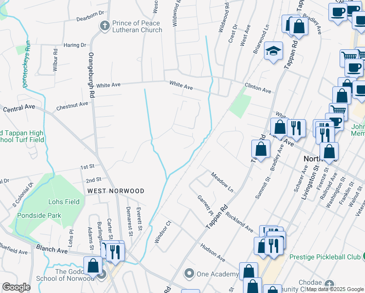 map of restaurants, bars, coffee shops, grocery stores, and more near 45 Anne Court in Norwood