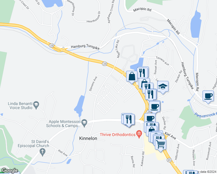 map of restaurants, bars, coffee shops, grocery stores, and more near 11 Stockton Drive in Kinnelon