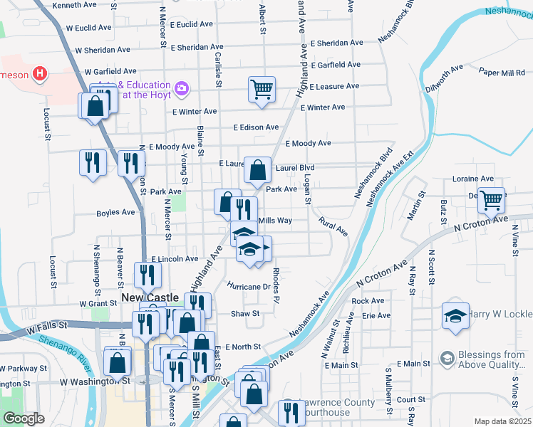 map of restaurants, bars, coffee shops, grocery stores, and more near 508 Centennial Street in New Castle