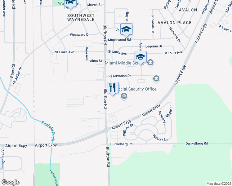 map of restaurants, bars, coffee shops, grocery stores, and more near 2122 Lincolnway Court in Fort Wayne