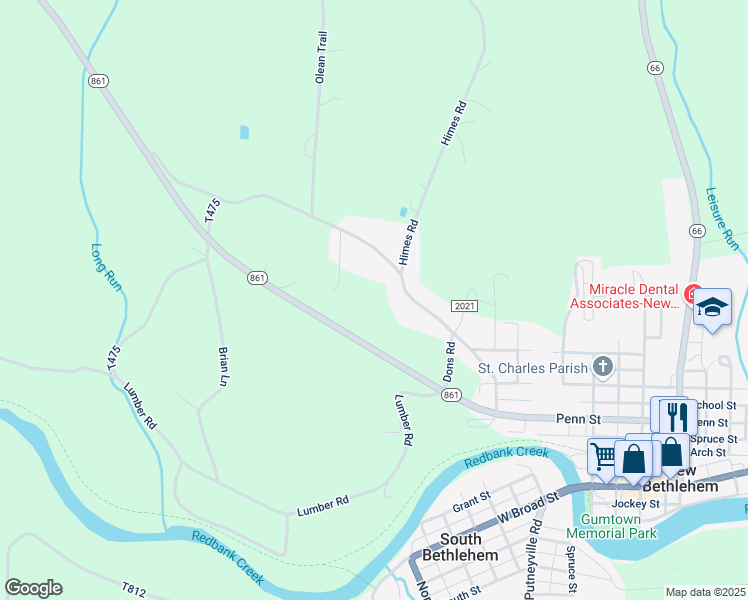 map of restaurants, bars, coffee shops, grocery stores, and more near 347 Olean Trail in New Bethlehem