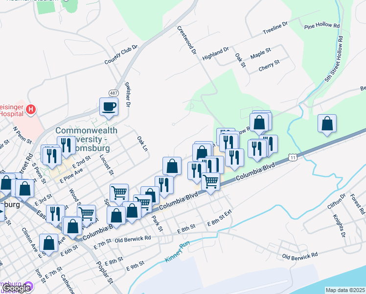 map of restaurants, bars, coffee shops, grocery stores, and more near 20 Michael Drive in Bloomsburg