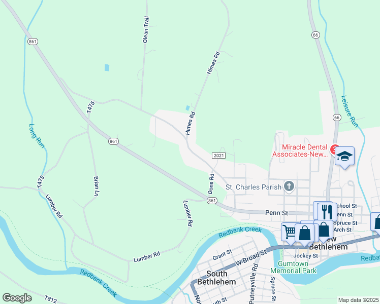 map of restaurants, bars, coffee shops, grocery stores, and more near 347 Olean Trail in New Bethlehem