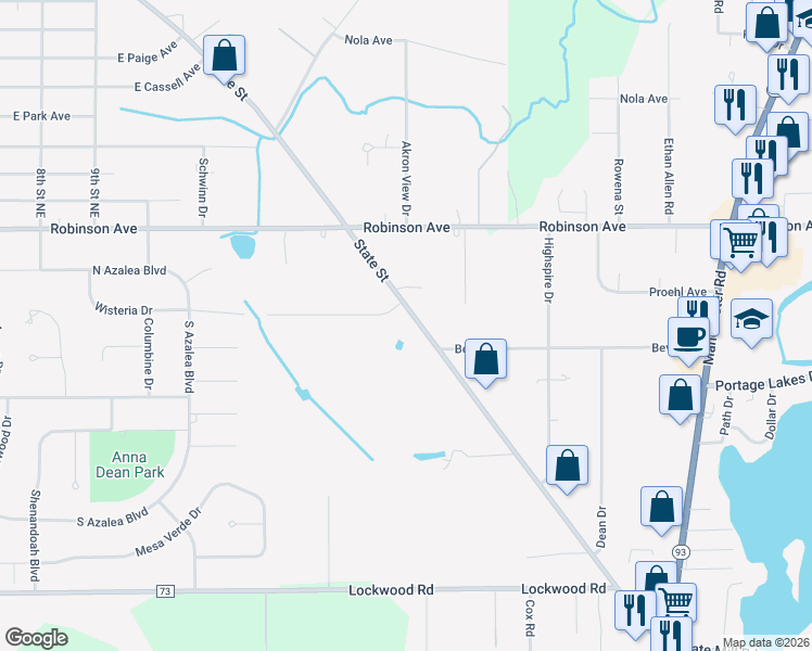 map of restaurants, bars, coffee shops, grocery stores, and more near 3288 East State Street in Barberton