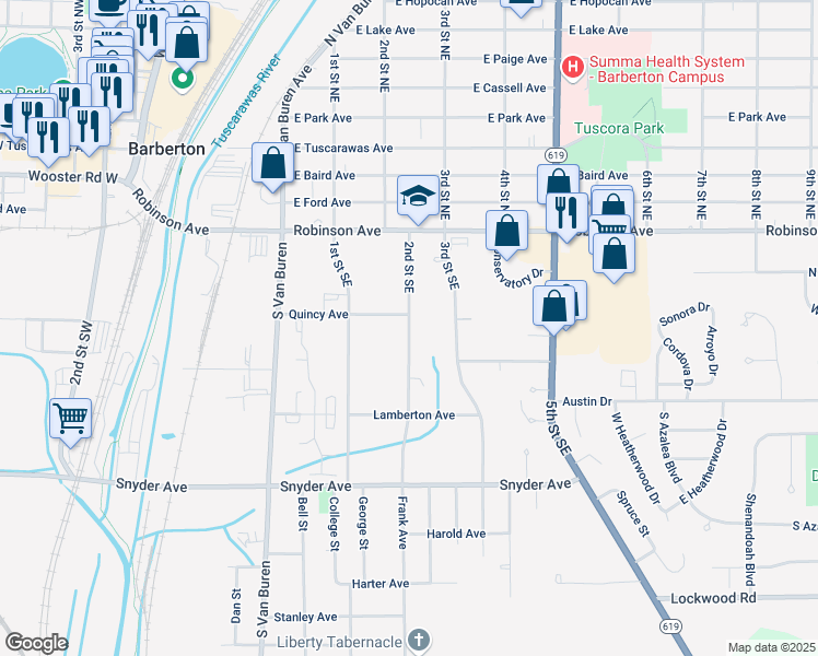 map of restaurants, bars, coffee shops, grocery stores, and more near 112 2nd Street Southeast in Barberton