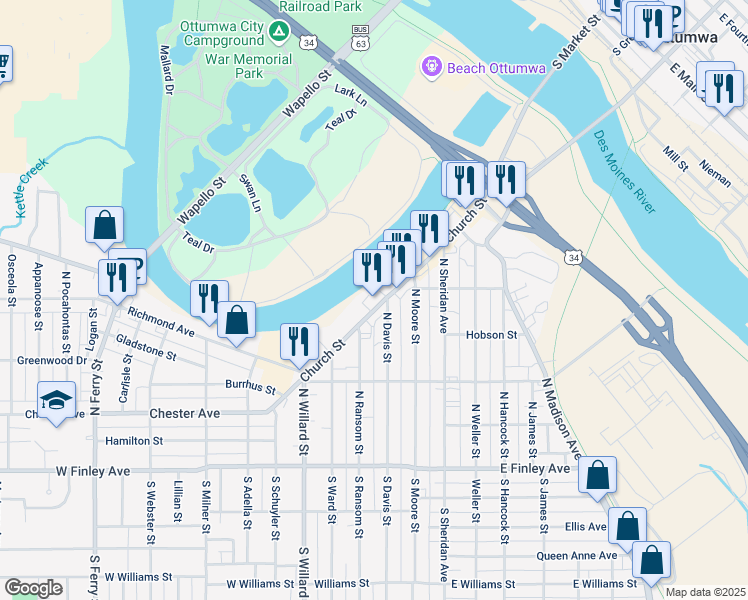 map of restaurants, bars, coffee shops, grocery stores, and more near 250 North Davis Street in Ottumwa