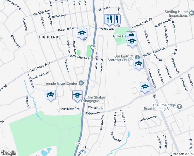 map of restaurants, bars, coffee shops, grocery stores, and more near 19 Miles Avenue in White Plains