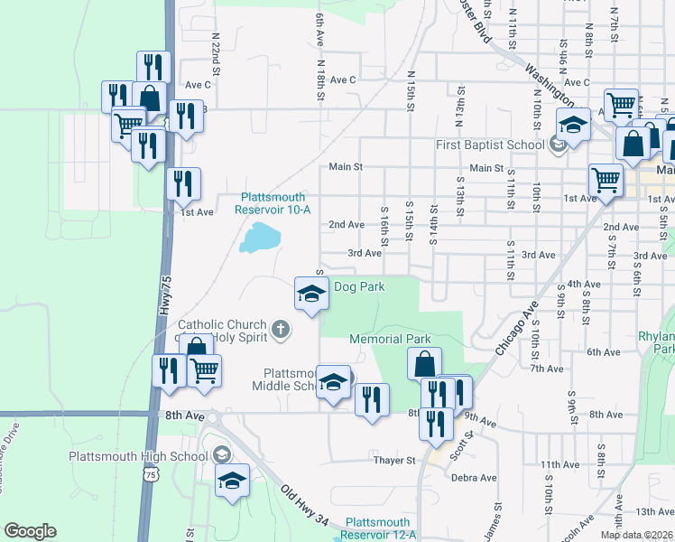 map of restaurants, bars, coffee shops, grocery stores, and more near 1712 4th Avenue in Plattsmouth