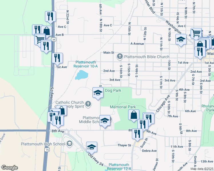 map of restaurants, bars, coffee shops, grocery stores, and more near 1712 4th Avenue in Plattsmouth