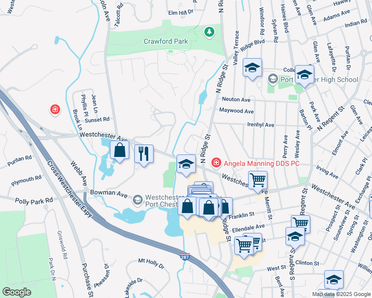 map of restaurants, bars, coffee shops, grocery stores, and more near 87 Avon Circle in Rye Brook