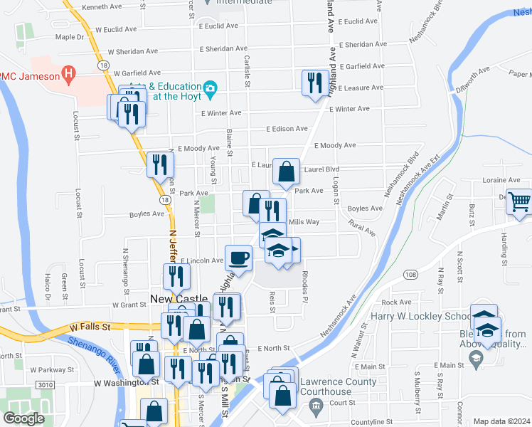 map of restaurants, bars, coffee shops, grocery stores, and more near 519 Highland Avenue in New Castle