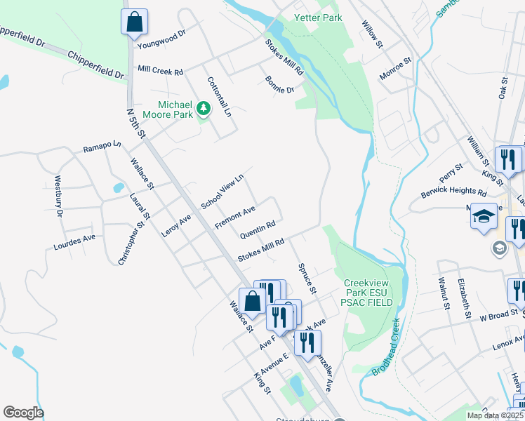 map of restaurants, bars, coffee shops, grocery stores, and more near 425 Fremont Avenue in Stroudsburg