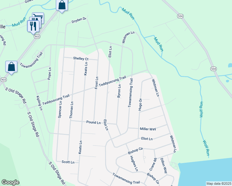 map of restaurants, bars, coffee shops, grocery stores, and more near 61 Byron Lane in Albrightsville