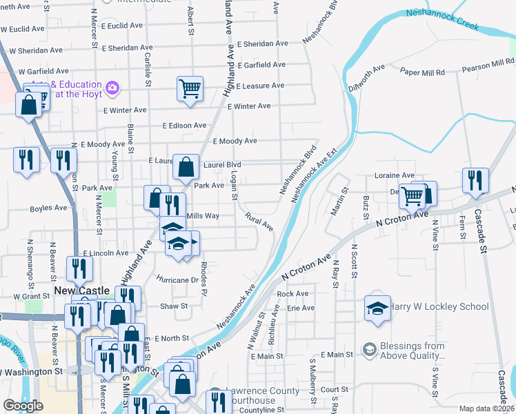 map of restaurants, bars, coffee shops, grocery stores, and more near 420 Boyles Avenue in New Castle