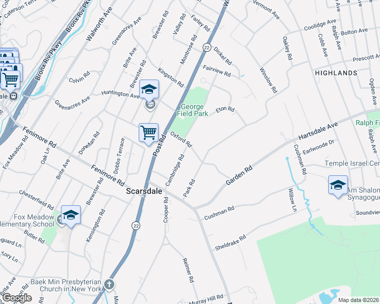 map of restaurants, bars, coffee shops, grocery stores, and more near 15 Park Road in Scarsdale