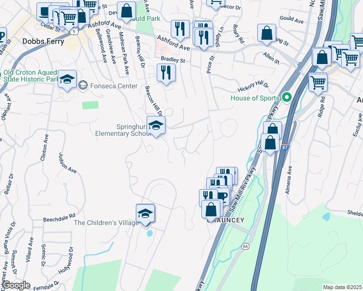map of restaurants, bars, coffee shops, grocery stores, and more near 57 Round Hill Road in Dobbs Ferry