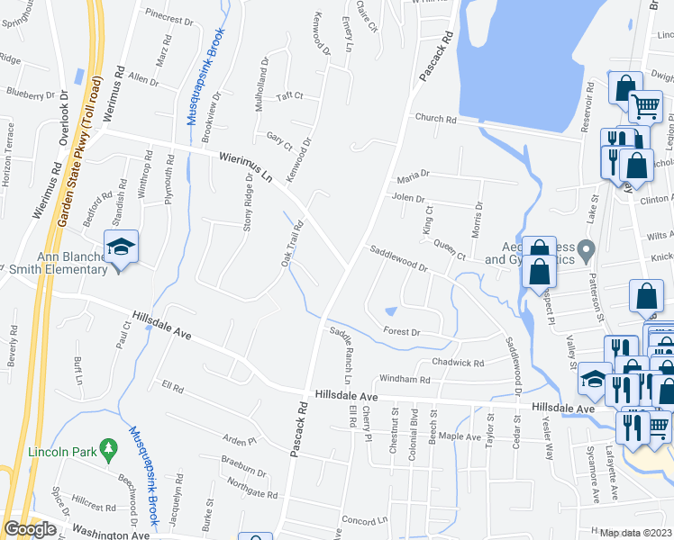 map of restaurants, bars, coffee shops, grocery stores, and more near 185 Pascack Road in Hillsdale