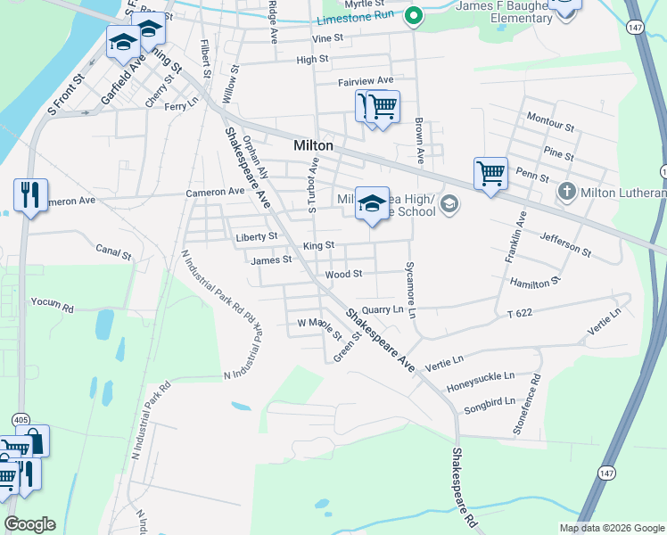map of restaurants, bars, coffee shops, grocery stores, and more near 22-42 Wood St in Milton