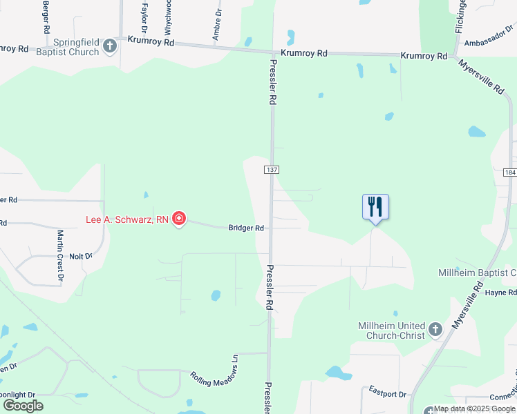 map of restaurants, bars, coffee shops, grocery stores, and more near 2096 Pressler Road in Akron