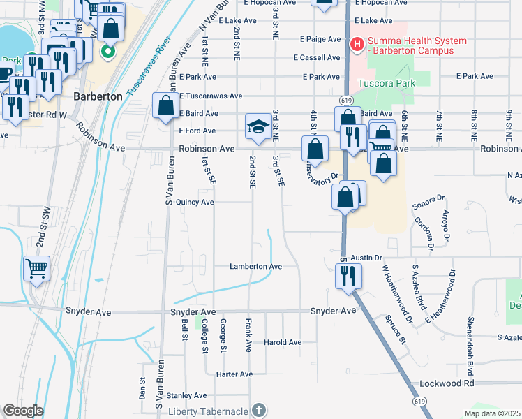 map of restaurants, bars, coffee shops, grocery stores, and more near 127 2nd Street Southeast in Barberton