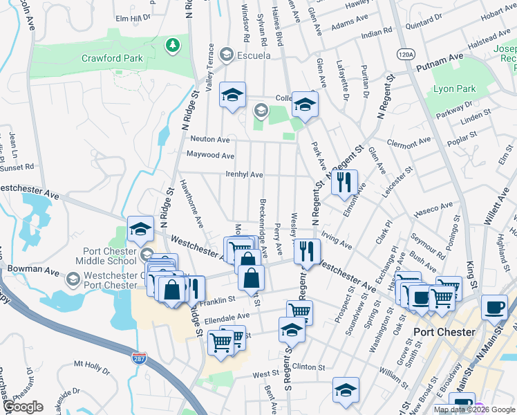 map of restaurants, bars, coffee shops, grocery stores, and more near 59 Breckenridge Avenue in Port Chester