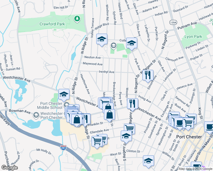 map of restaurants, bars, coffee shops, grocery stores, and more near 3 Woodland Avenue in Port Chester