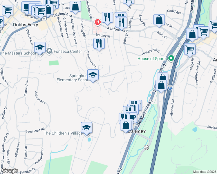 map of restaurants, bars, coffee shops, grocery stores, and more near 57 Round Hill Road in Dobbs Ferry