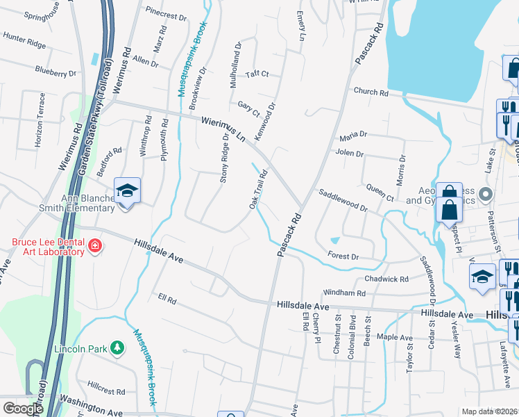 map of restaurants, bars, coffee shops, grocery stores, and more near 21 Crestwood Place in Hillsdale