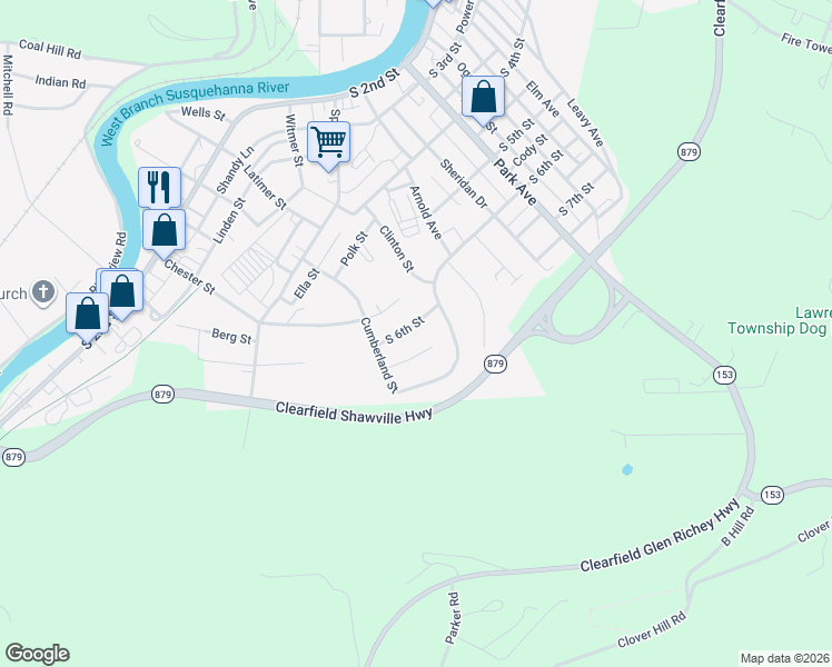 map of restaurants, bars, coffee shops, grocery stores, and more near 908-912 Richard Street in Clearfield