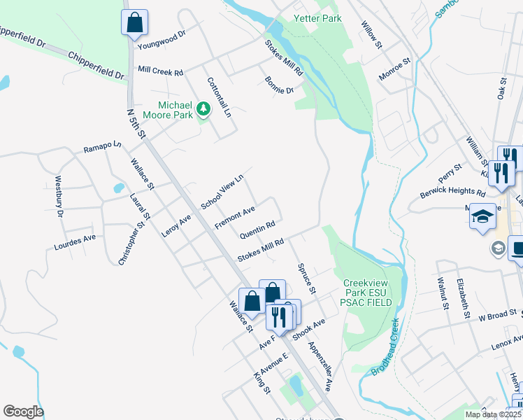 map of restaurants, bars, coffee shops, grocery stores, and more near 425 Fremont Avenue in Stroudsburg