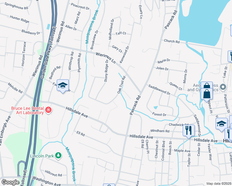 map of restaurants, bars, coffee shops, grocery stores, and more near 63 Oak Trail Road in Hillsdale