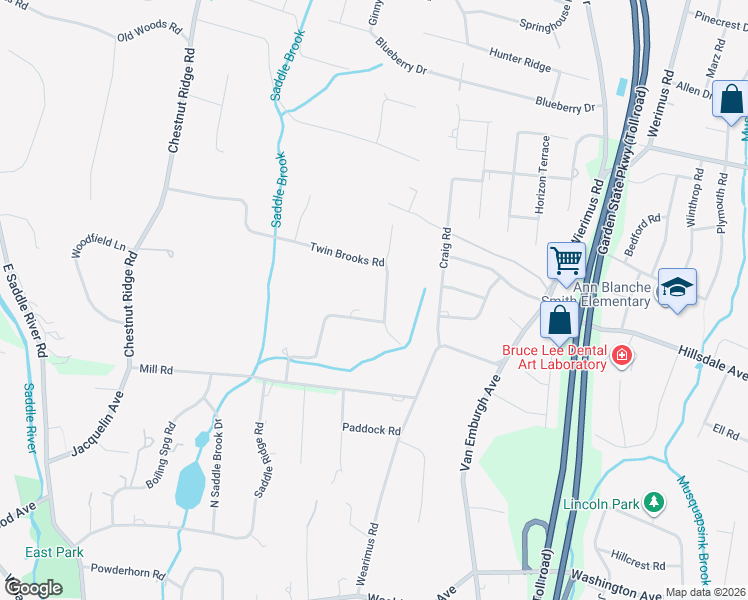 map of restaurants, bars, coffee shops, grocery stores, and more near 58 Twin Brooks Road in Saddle River