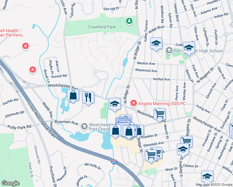 map of restaurants, bars, coffee shops, grocery stores, and more near 87 Avon Circle in Rye Brook